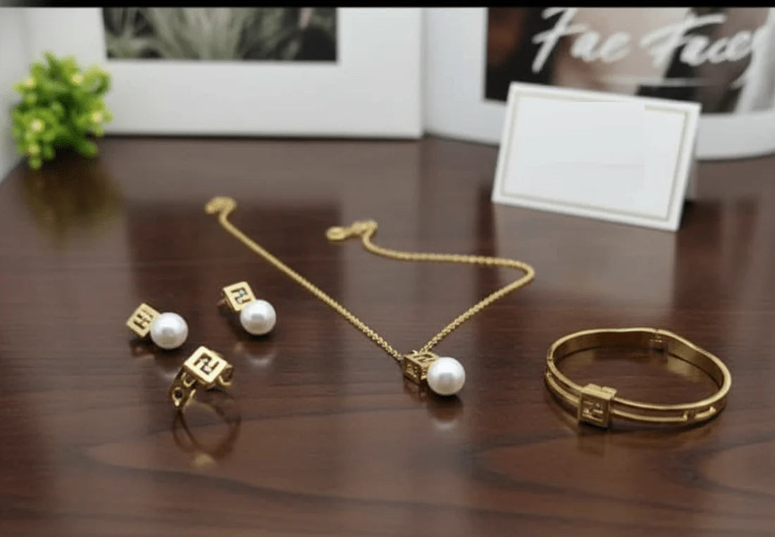 Pearl Drop Square Pendant Jewelry Set