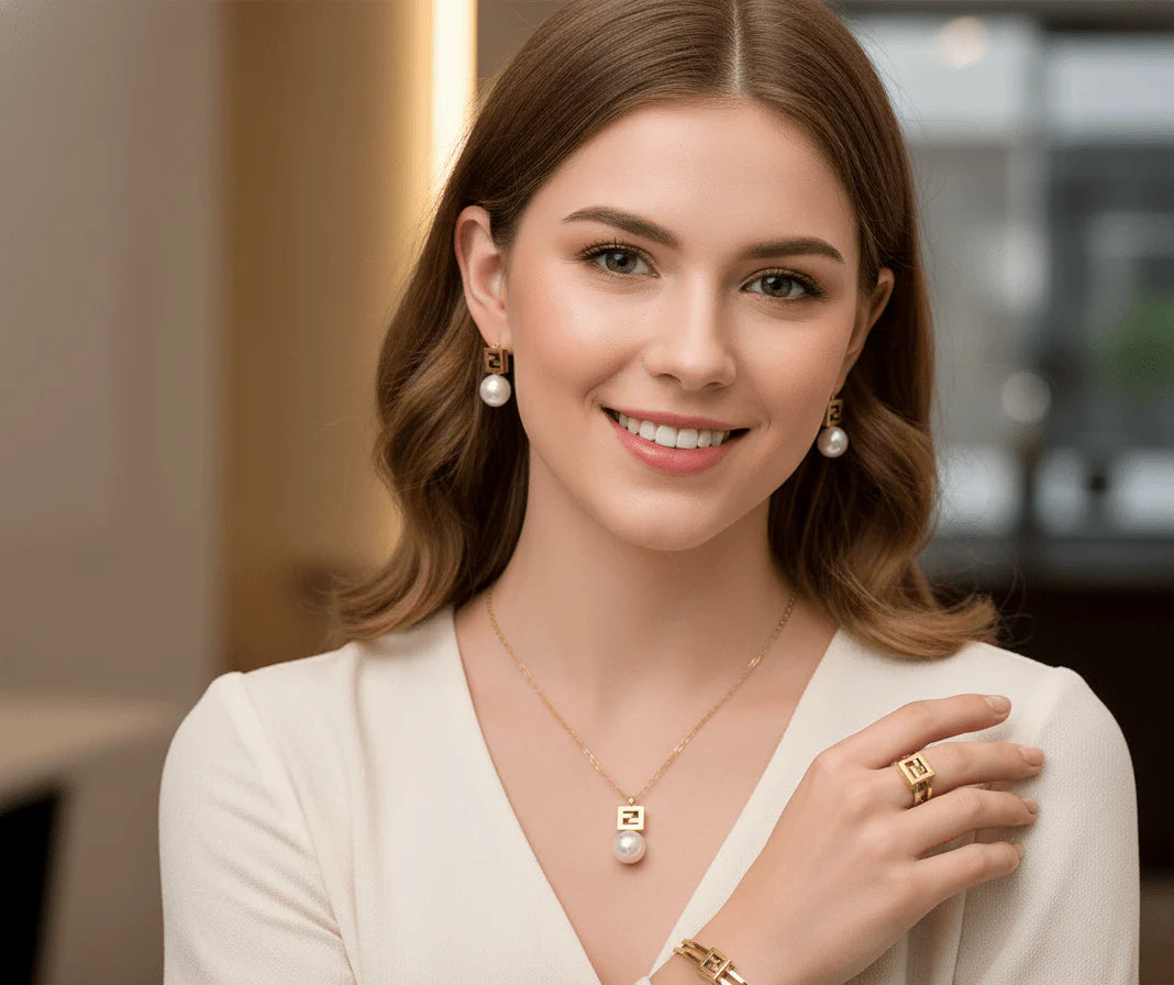 Pearl Drop Square Pendant Jewelry Set